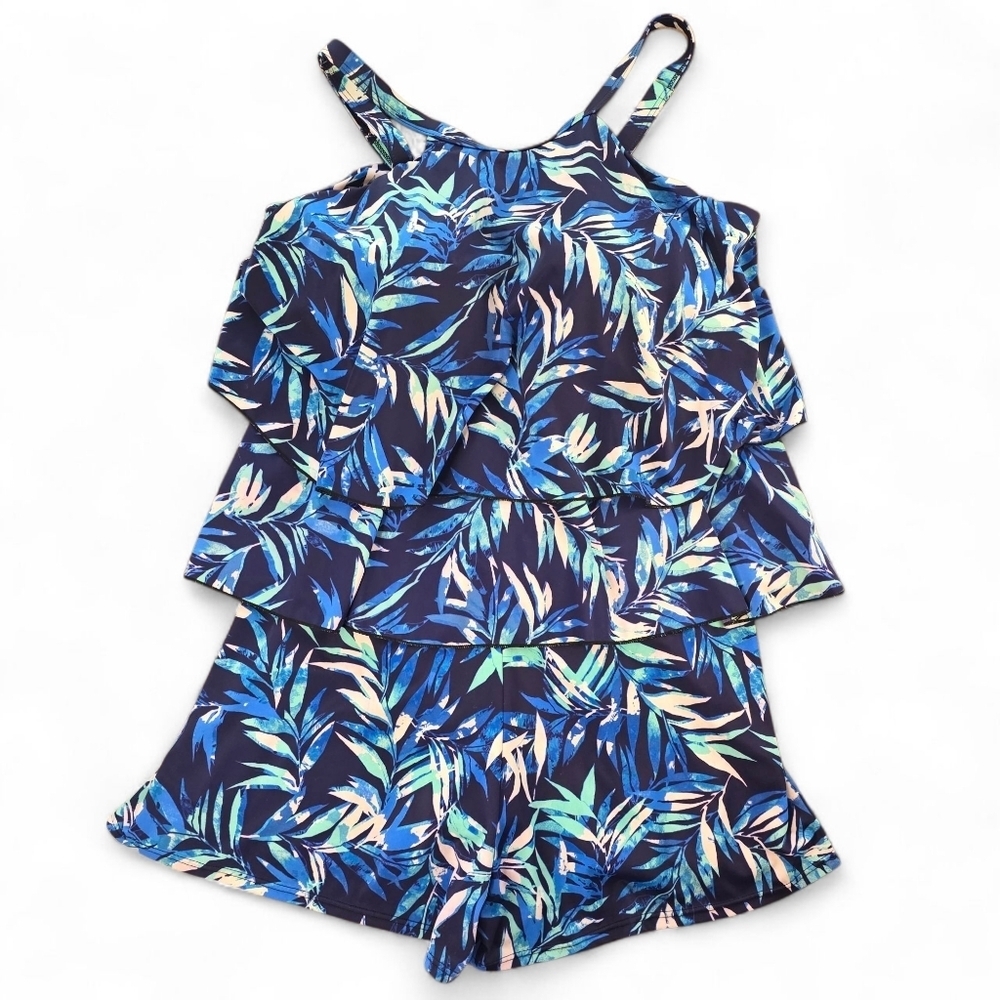 Fit 4 U Blue Tropical One-Piece Tiered Romper Swimsuit 18W Plus Size